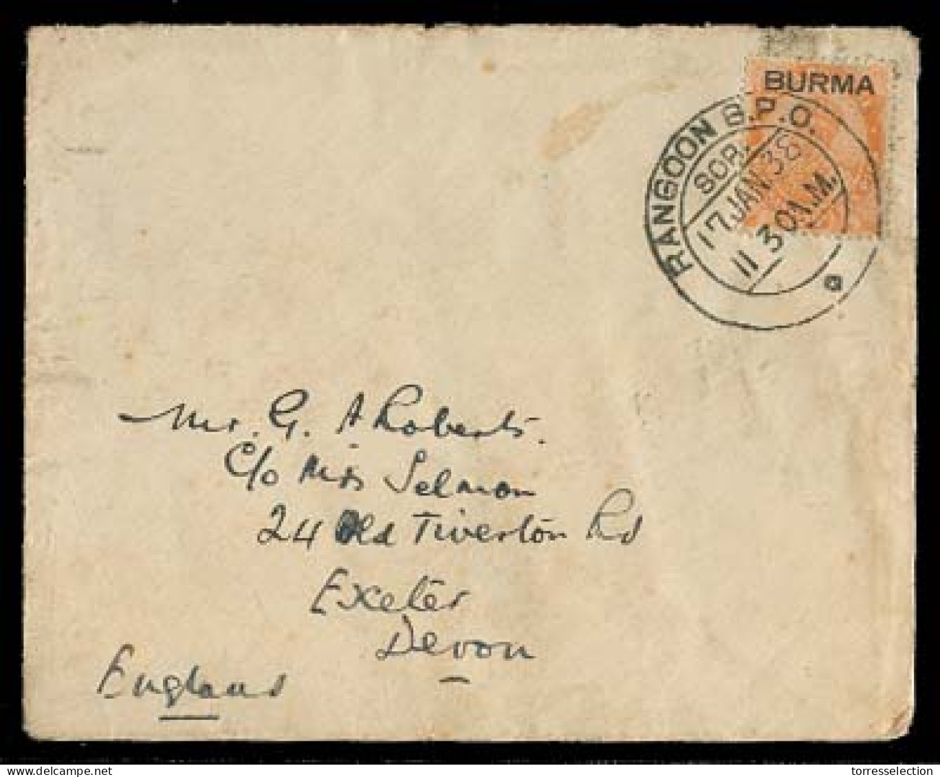 BURMA. 1938 (17 Jan). Rangoon - Devon. Fkd Ovptd Issue Small Env. - Birmania (...-1947)