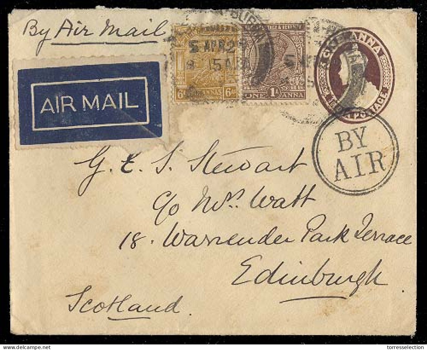 BURMA. 1929 (5 April). Burma - Scotland. Stat Env + Adtl. Airmail + Cachet. - Birmanie (...-1947)