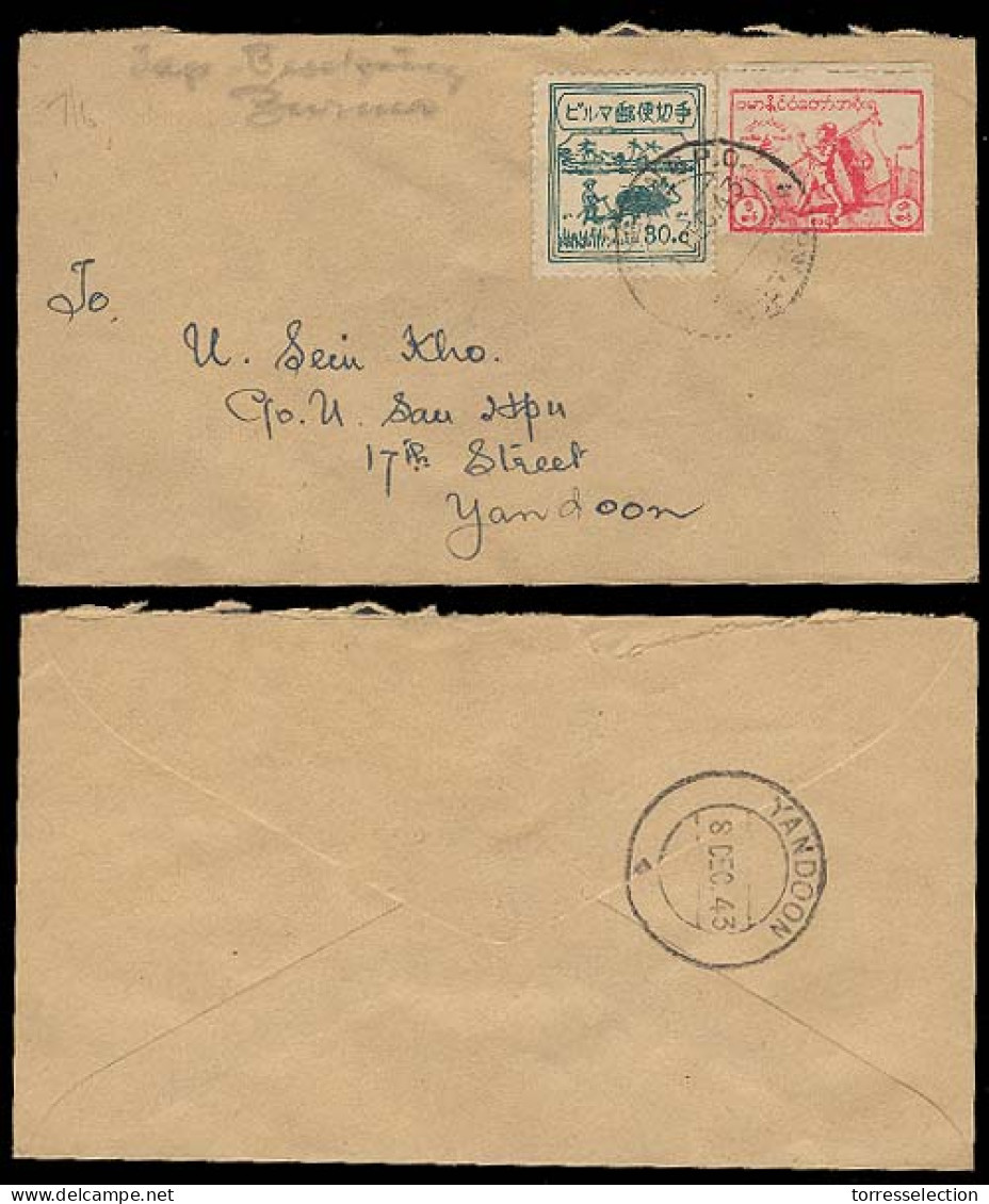 BURMA. 1943. Japanese Occup / Yandoon / 2 Stamps On Cover. - Birmanie (...-1947)