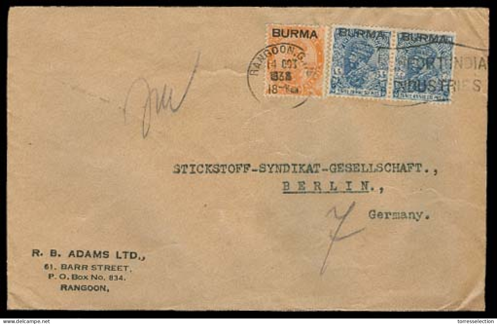 BURMA. 1938. Rangoon - Germany. Fkd Env. - Birma (...-1947)