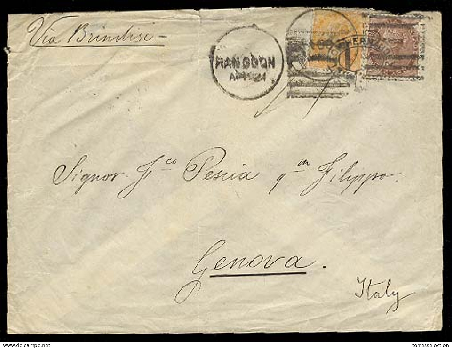 BURMA. 1881. India Used In Burma. Rangoon - Italy. Env Bearing India 1a + 2a, Cds Comercial Oval. - Burma (...-1947)