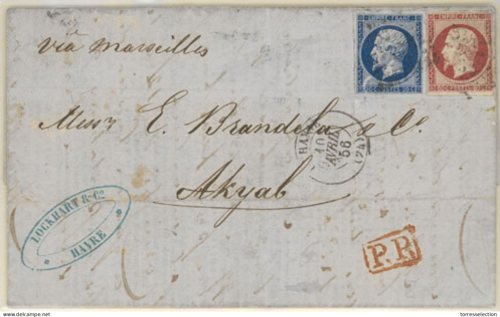 BURMA. 1856 (April 9). Le Havre To Akyal. Via Marseille. E.L. With Printed Market Report Franked With France 20c. Blue A - Birma (...-1947)