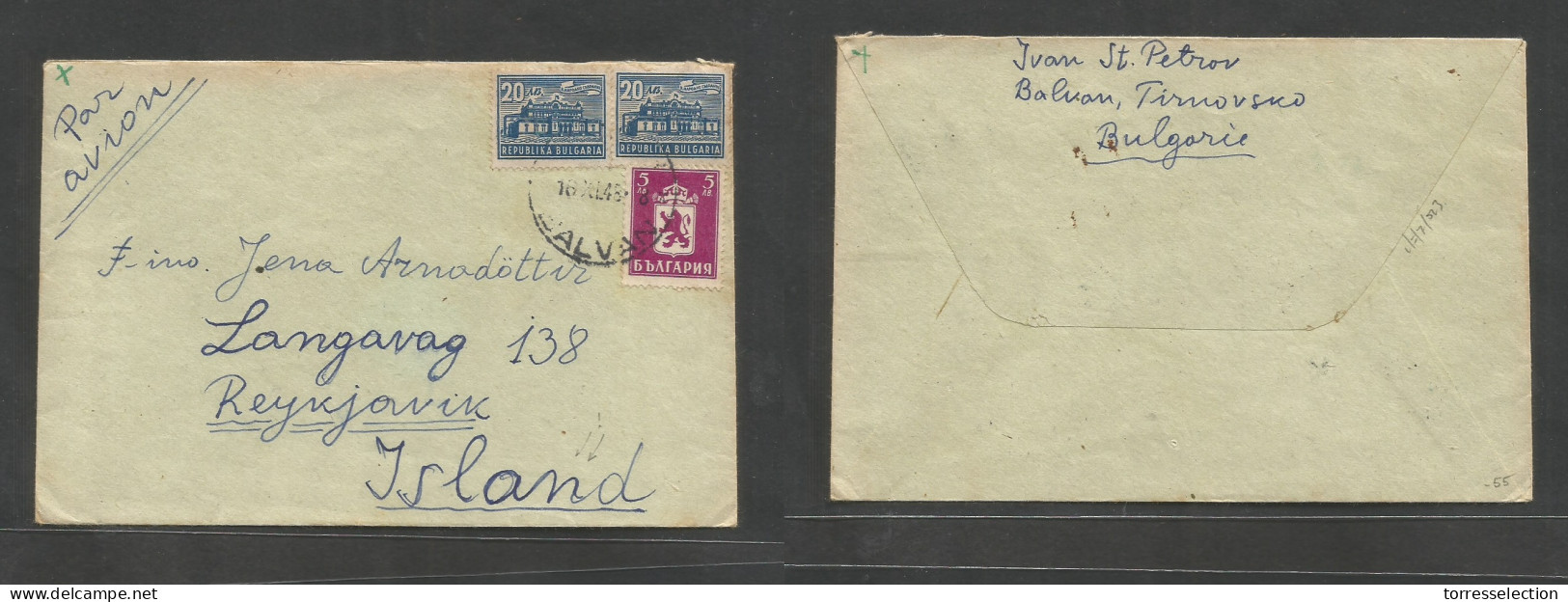 BULGARIA. 1948 (16 Nov) Balvan - Iceland, Reykjavik. Air Multifkd Env At 45 Lb Rate, Cds. Better Postal Connection Dest  - Altri & Non Classificati