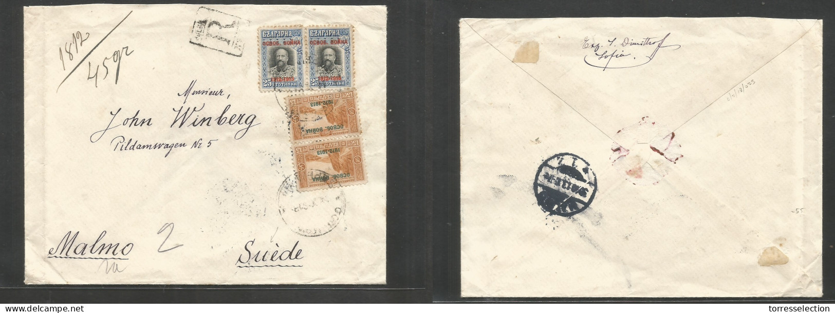 BULGARIA. 1913 (27 Oct) Sofia - Sweden, Malmo (30 Oct) Registered Ovptd Issue Multifkd Env At 80c Rate Tied Cds + R-cach - Altri & Non Classificati