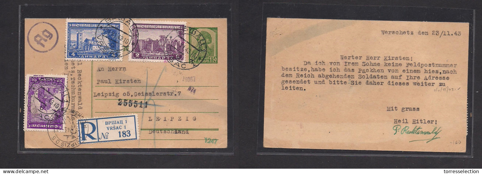 BULGARIA. 1943 (24 Nov) Vrsac 1 - Germany, Leipzig. Registered Multifkd Stat Card + 3 Adtls + Nazi Censor. Rare Usage. - Altri & Non Classificati