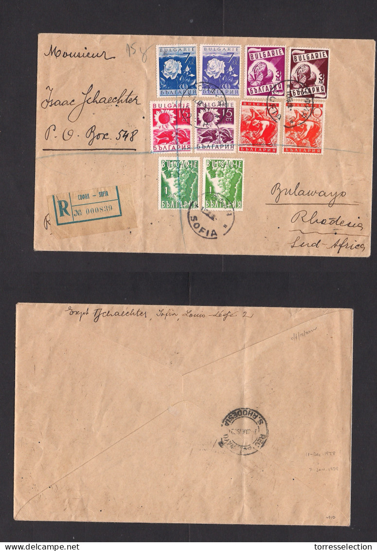 BULGARIA. 1938 (11 Dec) Sofia - Bulawayo, Rhodesia, Africa (7 Jan 39) Registered Multifkd Env, Flowers + Vegetables Issu - Altri & Non Classificati