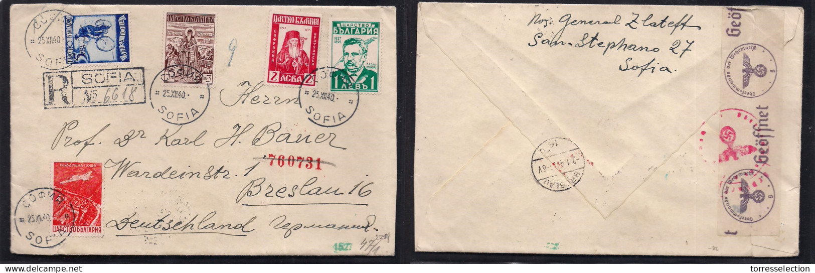 BULGARIA. 1940 (25 Dec) Sofia - Germany, Breslau (2 Jan 41) Registered Air Multifkd Envelope Reverse Nazi Censored. Scar - Altri & Non Classificati