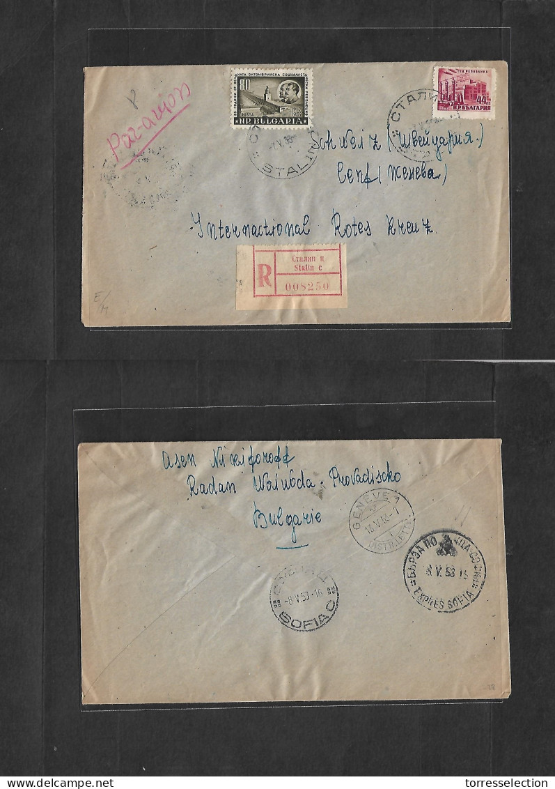 BULGARIA. 1953 (7 May) Stalin C - Switzerland, Geneva (12 May) Red Cross. Via Sofia + Bycicle TPO Cachet Reverse (!!) Ex - Altri & Non Classificati