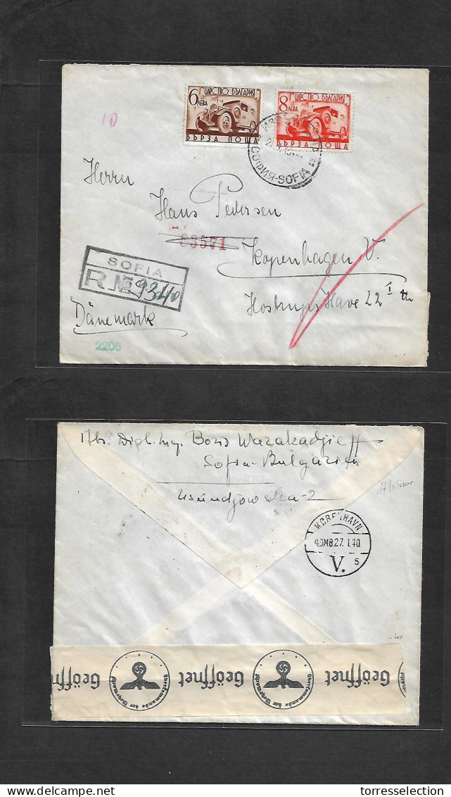 BULGARIA. 1940 (21 Jan) Sofia - Denmark, Kph (27 Jan) Registered Multifkd Env + Nazi Censored. Scarce Destination. - Altri & Non Classificati