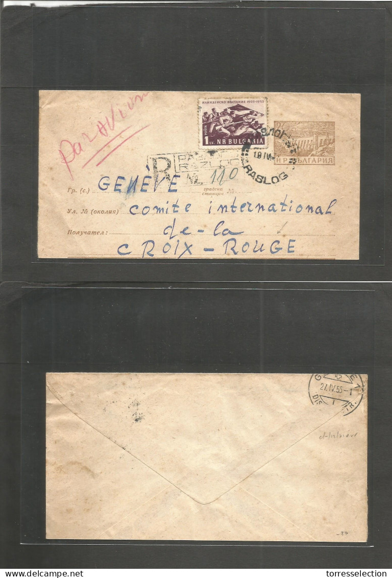 BULGARIA. 1955 (19 Abril) Red Cross: Raslog - Geneva, Switzerland (25 Abril) Registered + Adtl Stat Env. Airmail. - Altri & Non Classificati