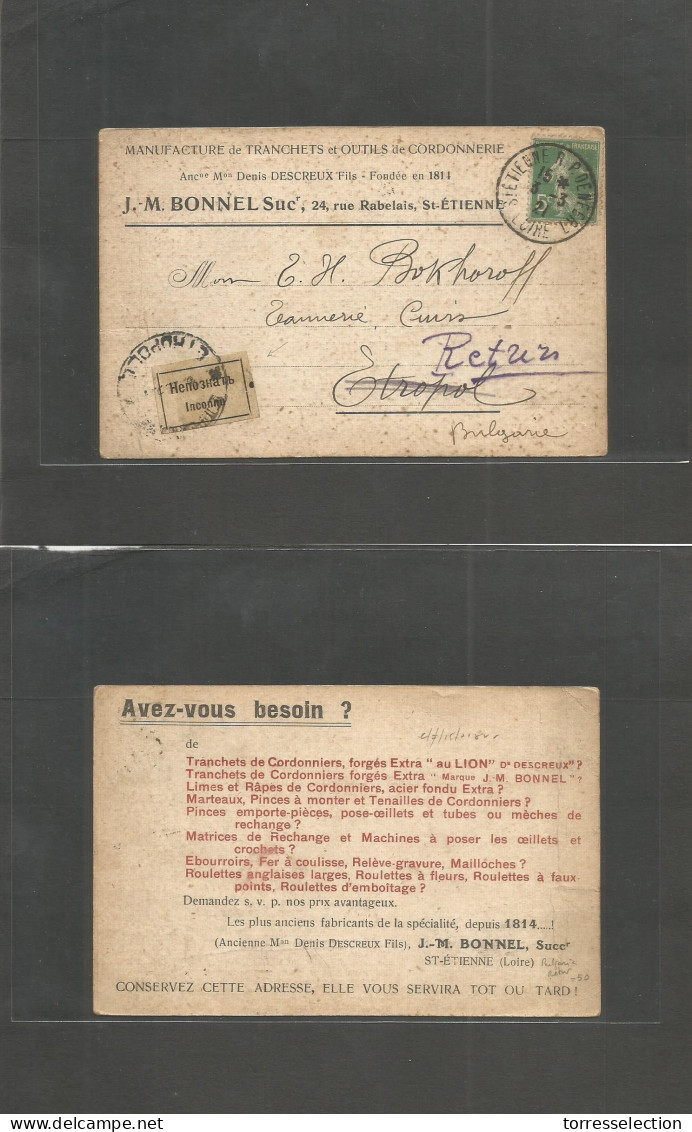 BULGARIA. 1921 (3 March) France, St. Etrenne - Etropol. Fkd Private Card + Retur With Bulgarian Tied Cds "INCONNU" Very  - Altri & Non Classificati