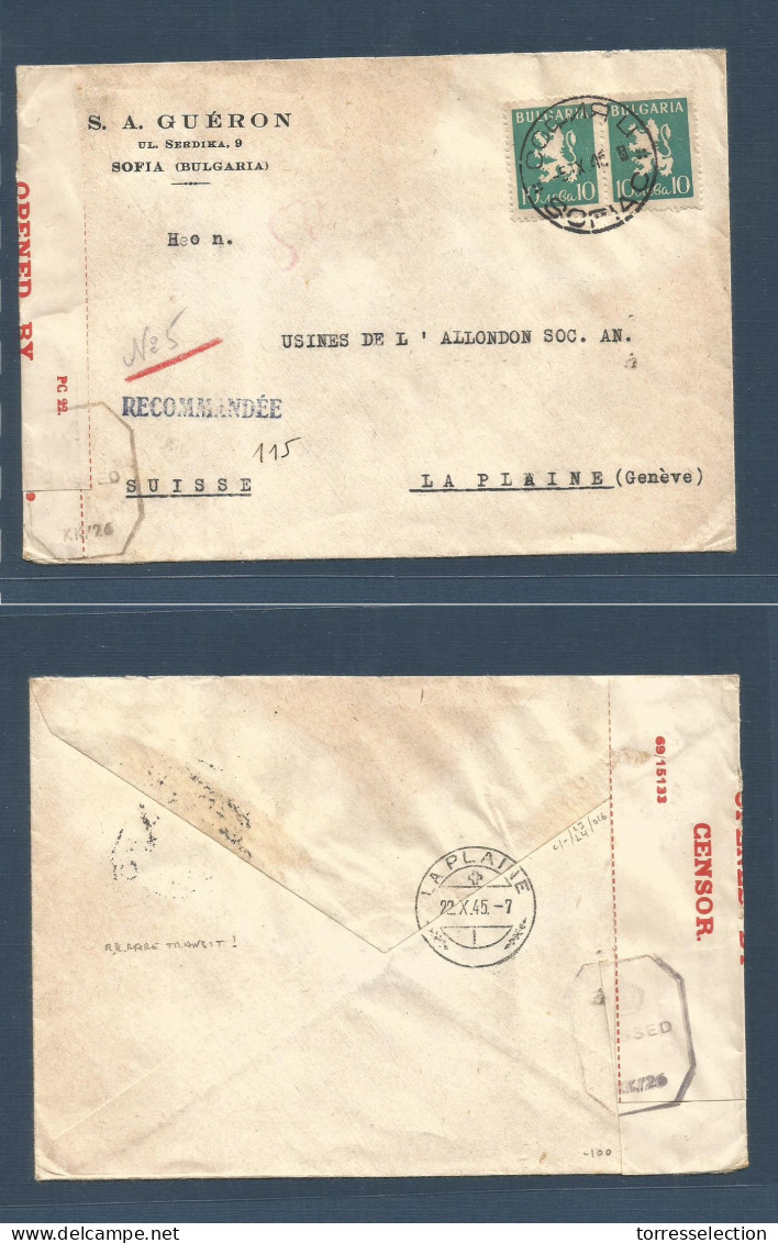 BULGARIA. 1945 (5 Sept) Sofia - Switzerland, La Plaine (22 Oct) Registered Fkd Env. Carried Via PALESTINA (!) With Briti - Altri & Non Classificati