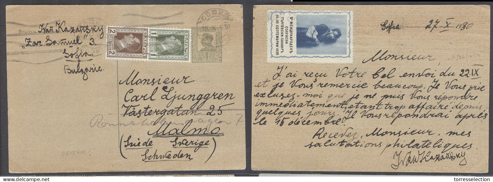 BULGARIA. 1930 (28 DeC). Sofia - Sweden, Malmo. 1d Green Stat Card 2 Adtls 4d Rate. Reverse Color Label. Fine Usage Dest - Altri & Non Classificati