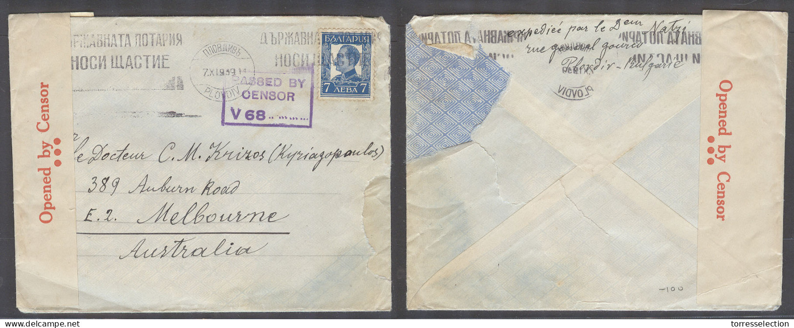 BULGARIA. 1939 (7 Nov). Plovdiv - Australia, Melbourne. Fkd Censor Arrival Env. Early WW II Some Rough Opening Otherwise - Altri & Non Classificati