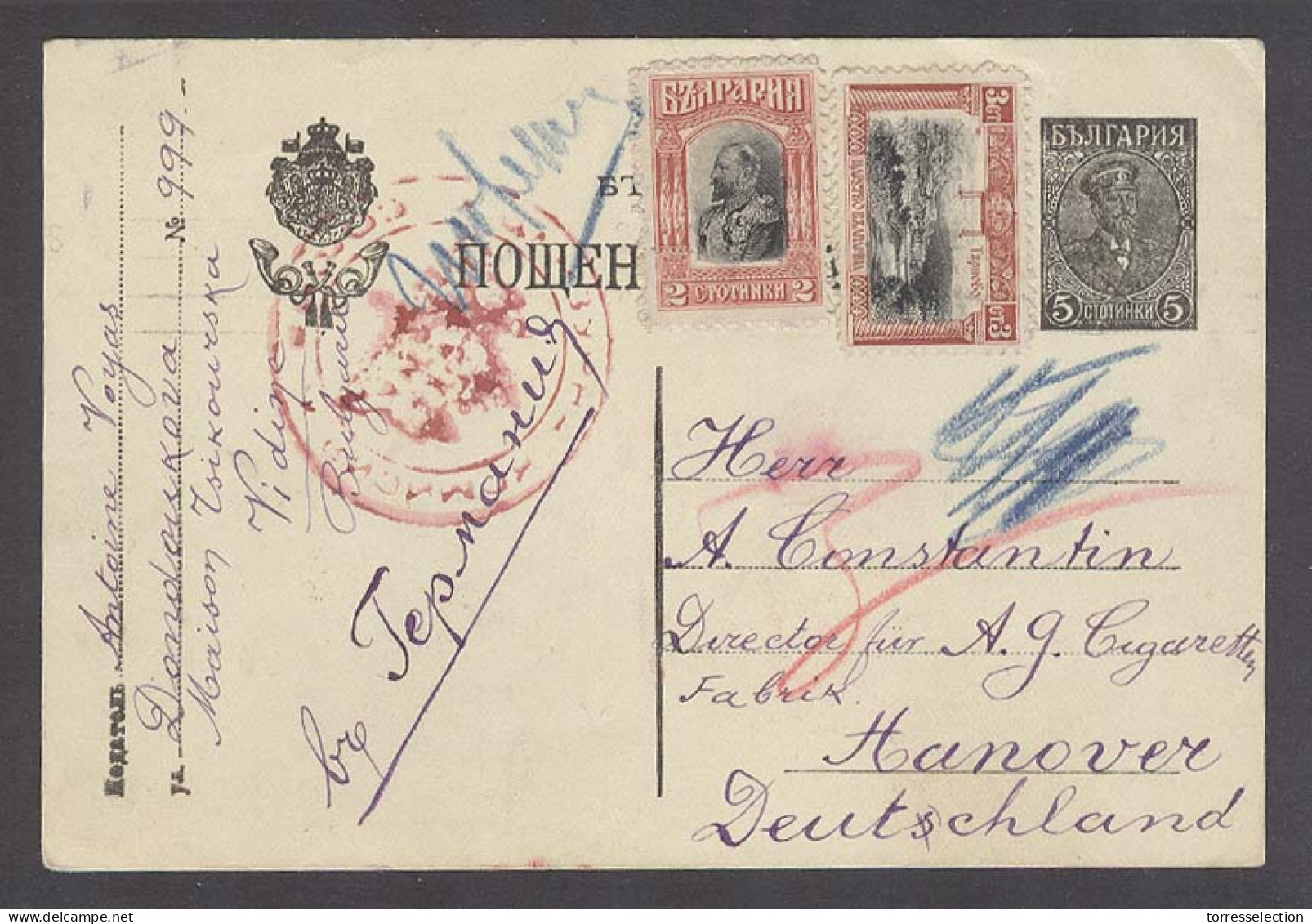 BULGARIA. 1918 (5 Feb). Vidine - Germany / Hanover. 5c Black Stat Card + 2adtls Censored Cachet. Fine Used. - Altri & Non Classificati