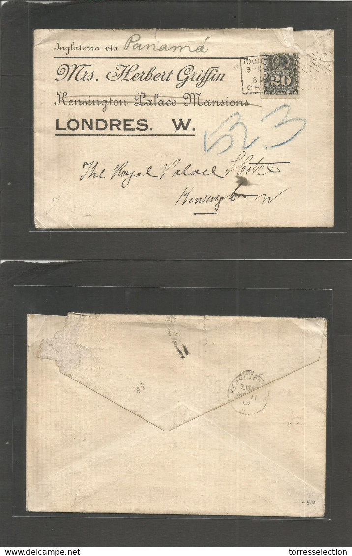 CHILE. 1901 (3 Febr) Iquique - UK, London (11 March) Fkd Env Single 20c Grey, Tied Rolling Cancel, Fwded. Fine + Rare Si - Chile