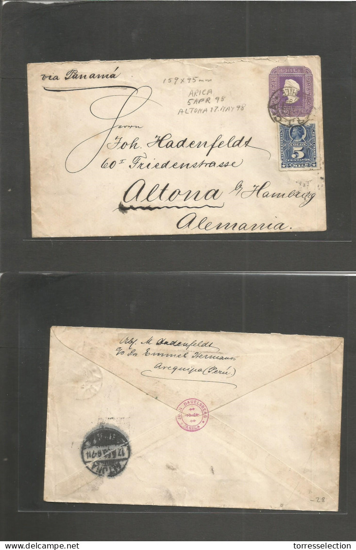 CHILE. 1898 (5 Abril) Arica - Germany, Altona (17 May) 5c Intense Lilac White Embossed Colon Stat Env (159x95 Mm) +5c Bl - Chile