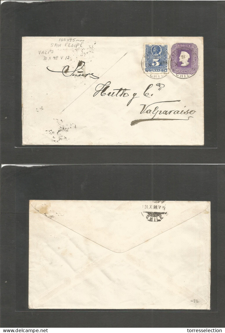 CHILE. 1898 (31 Oct) San Felipe, Valp. 5c Lilac Embossed Colon Stat Env + 5c Blue Adtl, Cds Size 160x95mm. VF. - Cile