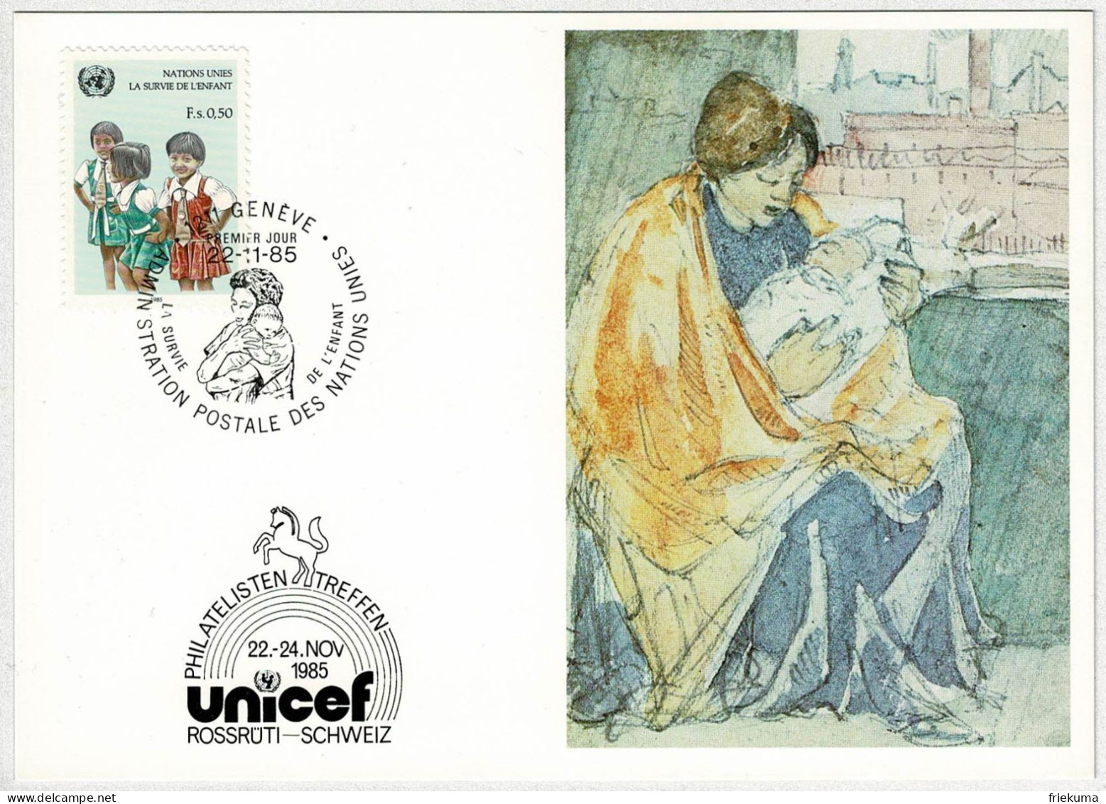 UNO Genève 1985, Karte Philatelistentreffen UNICEF Rossrüti - UNICEF