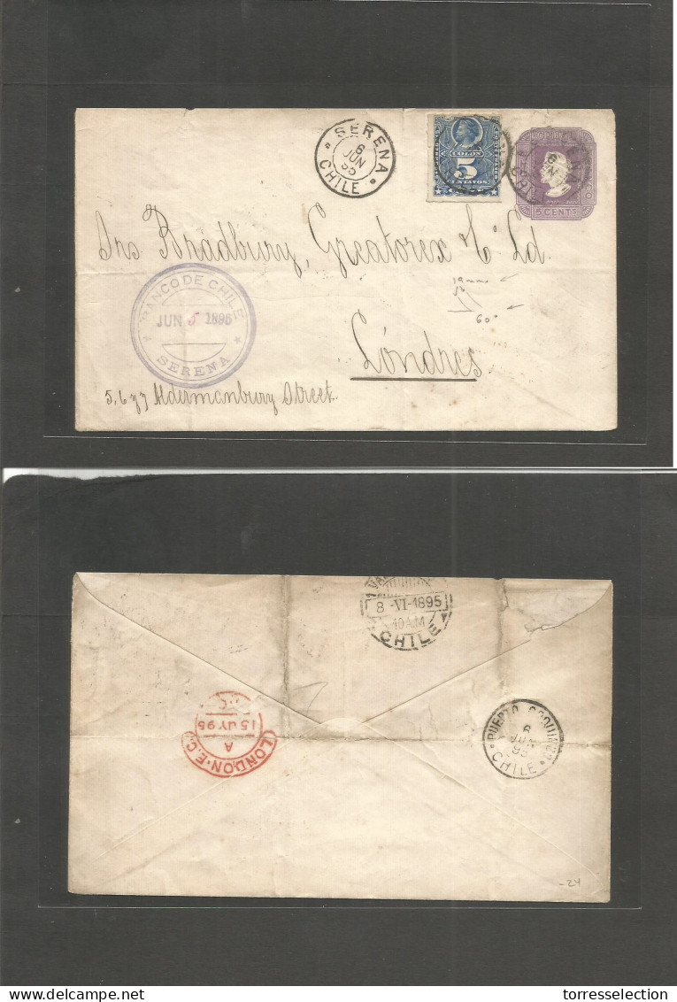 CHILE. 1895 (5 Junio) Serena - UK, London (15 July) 5c Violet Stat Env + 5c Blue Colon Third Design Perce + Cds. Via Pue - Chile