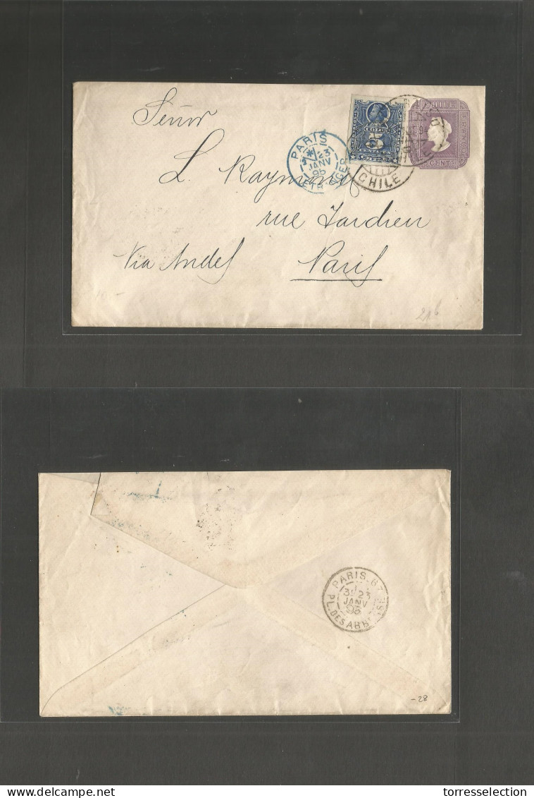 CHILE. 1894 (20 Dic) Valparaiso - France, Paris (23 Jan 95) 5c Lilac Stat Envelope, Wavy Lines Printed Paper At 340º + A - Cile