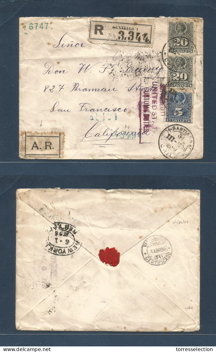 CHILE. 1896 (31 March) Santiago - USA, CA, S.Fco. Via NY (1 May) Registered AR Multifkd Env At 45c Rate Incl 20c Pair. A - Cile