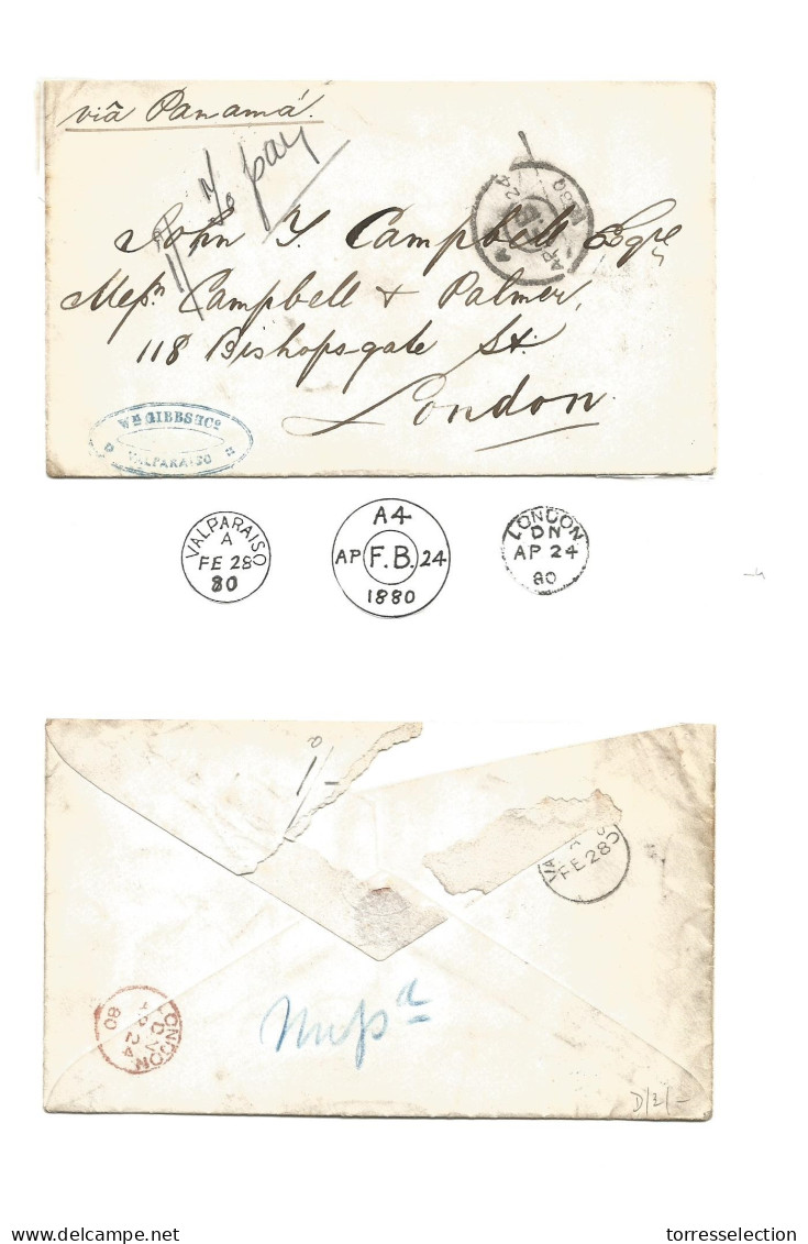 CHILE. 1880 (28 Febr) Valp - UK, London (Apr 24) Stampless Env Via BPO + Maritime Entry "1sh To Ray Mns" + Via Panama En - Cile