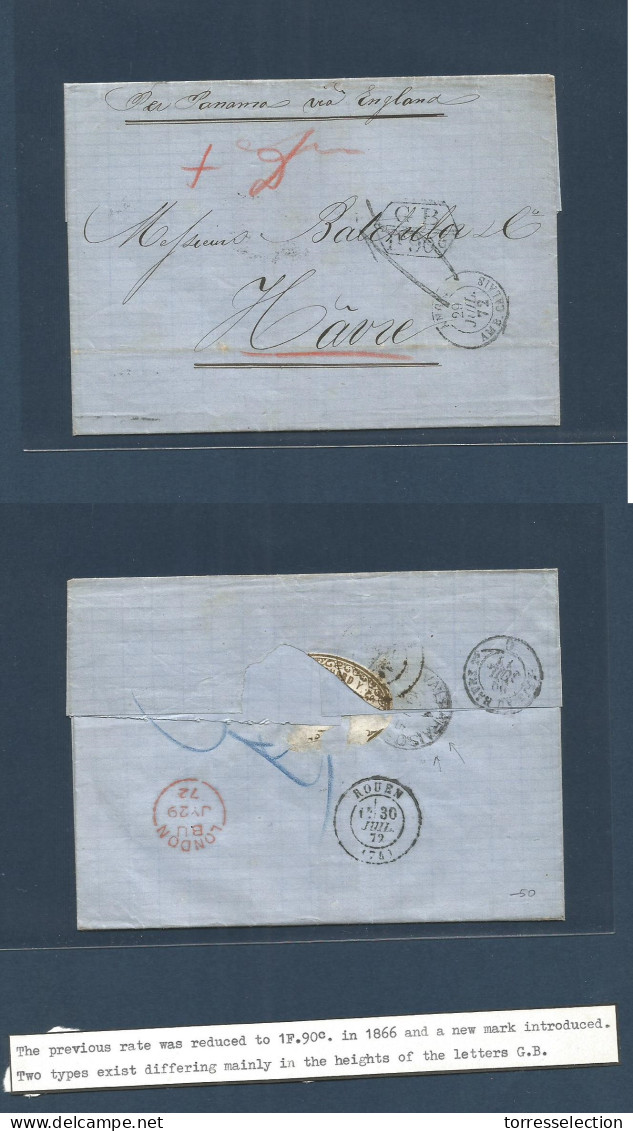 CHILE. 1872 (15 June) Valp - France, Have (29 July) E. Via BPO "Valparaiso UNPAID" + GB. 1f90c. Anglofrench Early + Char - Chile