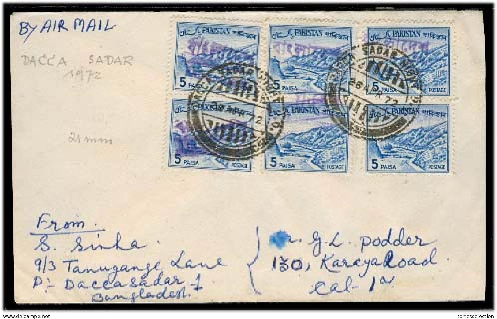 BANGLADESH. 1972 (28 April). Dacca Local Airmail Usage. Env Fkd 5p X 6. Blue. VF. - Bangladesh