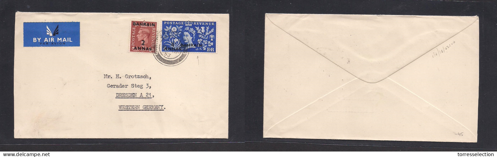 BAHRAIN. 1953. GPO - Western Germany. Air Multifkd GB Ovptd Air Invl Q E II Comm Issue (better On Cover) 6a Rate. Early  - Bahrein (1965-...)