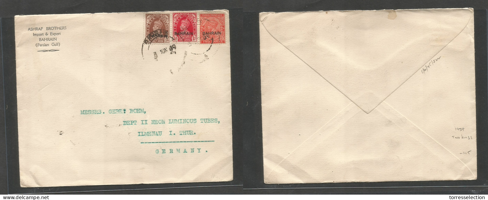 BAHRAIN. 1939 (3 June) GPO - Germany, Ilmenau. Tricolor Multifkd Envelope, Tied Cds. Two Kings Combination Usage, At 3 1 - Bahrein (1965-...)