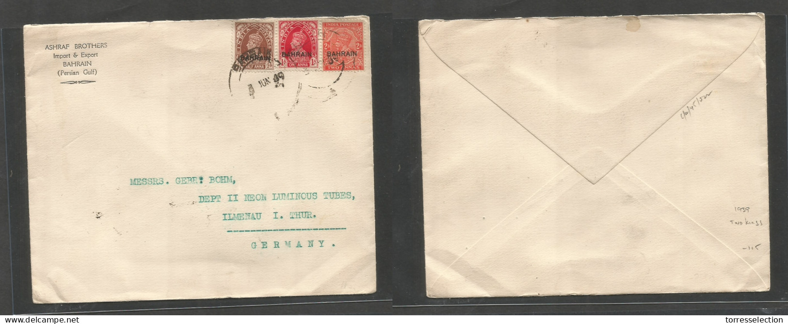 BAHRAIN. 1939 (3 June) GPO - Germany, Ilmenau. Tricolor Multifkd Envelope, Tied Cds. Two Kings Combination Usage, At 3 1 - Bahrain (1965-...)