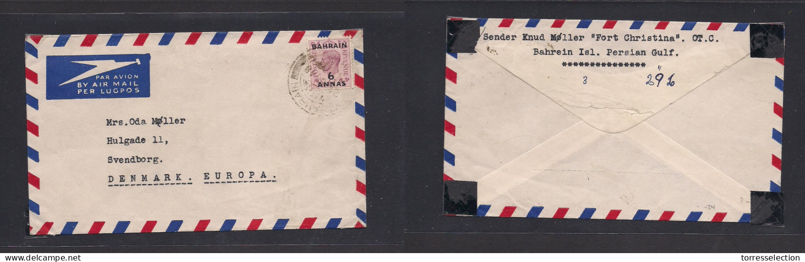 BAHRAIN. 1948 (21 Oct) GPO - Denmark, Svendborg. Air Single Ovptd Issue Fkd Env. Better Dest. - Bahrein (1965-...)