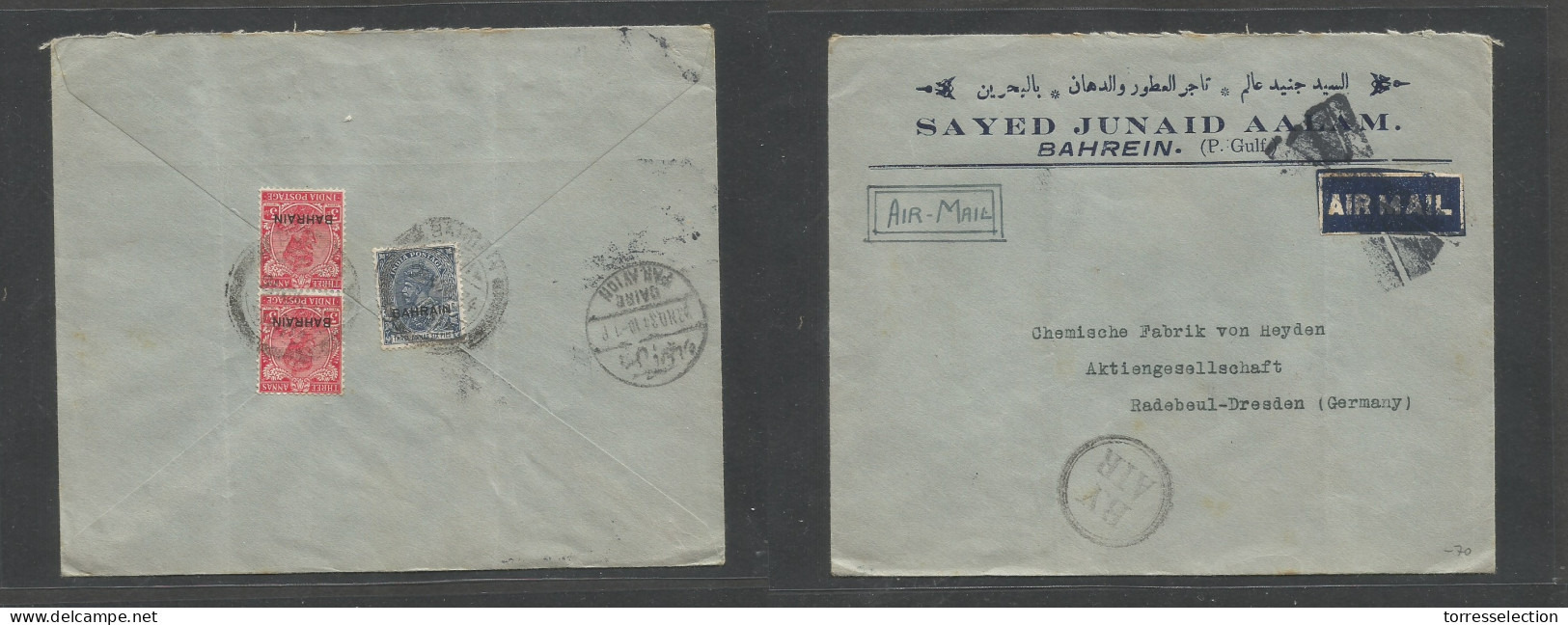 BAHRAIN. 1934 (Nov 21) GPO - Germany, Radebeul. Air Reverse Multifkd Envelope At 9 1/2d Rate Via Cairo (23 Nov) Various  - Bahrain (1965-...)