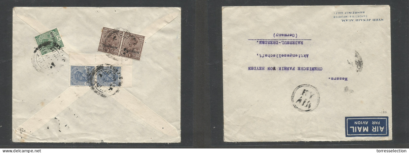 BAHRAIN. 1937 (14 Apr) GPO - Germany, Radebeul. Air Reverse Multifkd Ovptd INDIA Issue Envelope, Tied Cds, At 9 1/2a Rat - Bahrain (1965-...)