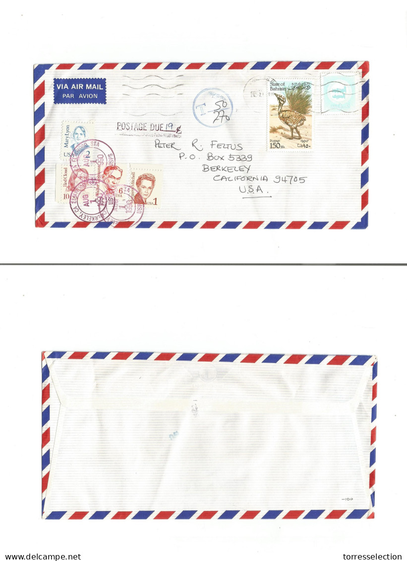 BAHRAIN. 1990. GPO - USA, CA, Berkely. Air Fkd + Taxed + Envelope + 4 US Stamps Tied Applied As P. Dues. Three Scarce Wo - Bahreïn (1965-...)