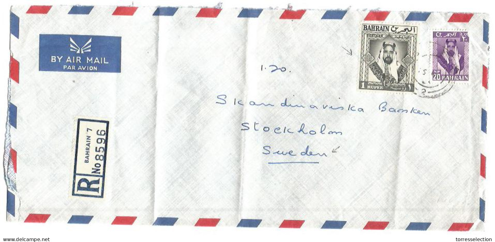 BAHRAIN. 1963 (Nov). B-7 - Sweden, Stockholm. Air Reg Multifkd Env Incl 1 Rupee Reverse London (18 Nov 63). Red Cds. Fin - Bahreïn (1965-...)