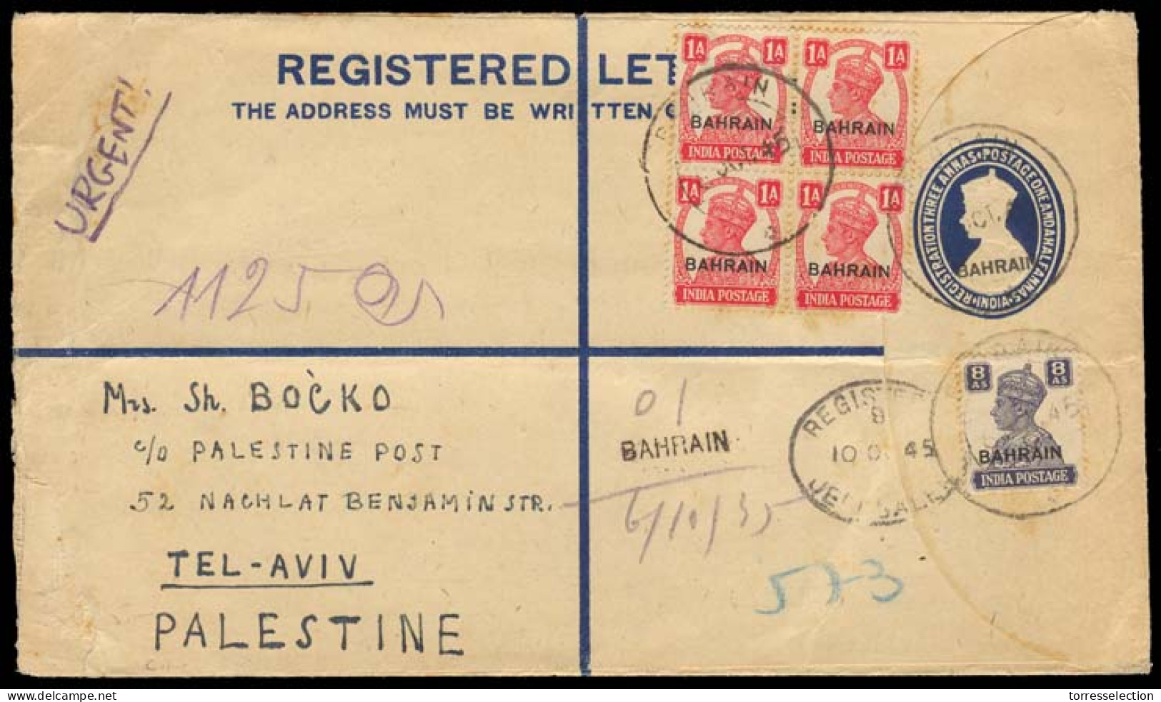 BAHRAIN. 1945 (8 Oct). Bahrain - Palestine / Tel - Aviv (10 Oct). Registered George VI 3 Annas + One Anna With Overprint - Bahrain (1965-...)