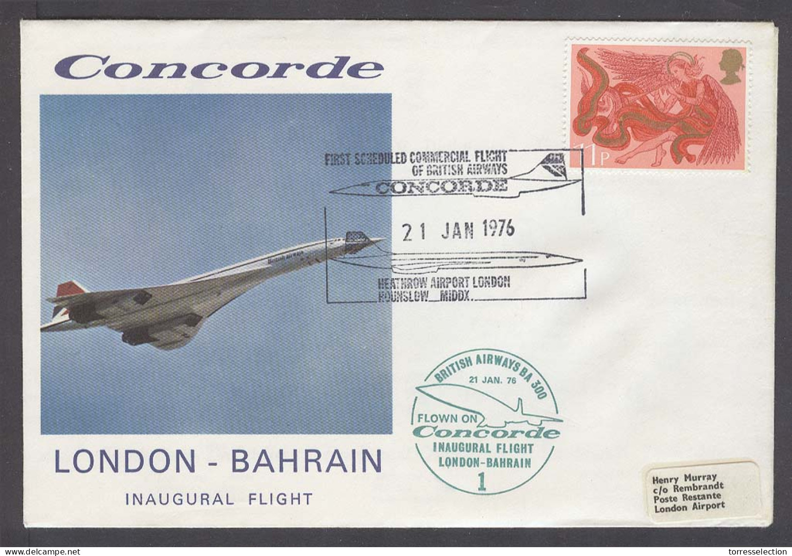 BAHRAIN. 1976 (21 Jan). Concorde Flight. London - Bahrain Inaugural Flight.same Day Arrival Cds On Black. - Bahrain (1965-...)