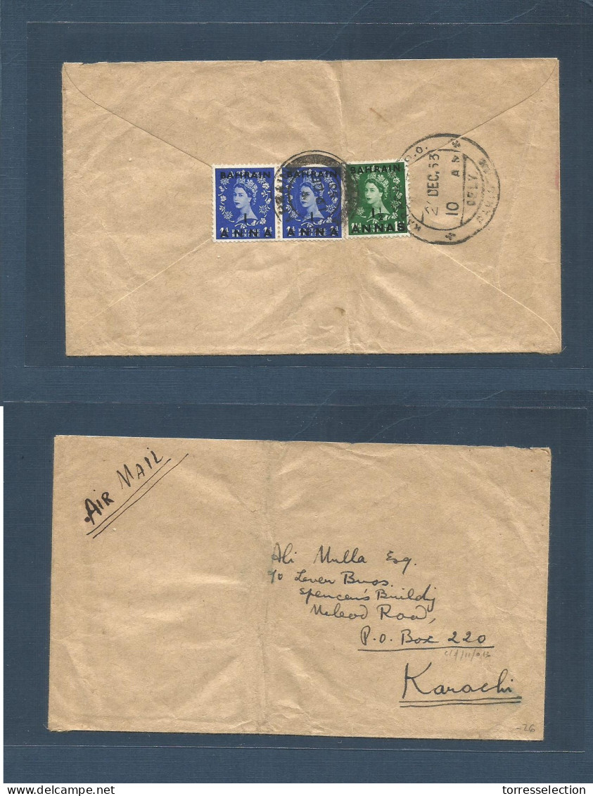 BAHRAIN. 1953. Dec. GPO - India, Karachi (20 Dec) Reverse Multifkd Envelope, Ovptd Issue. 3 1/2 Anna Rate. Cds, Fine. - Bahreïn (1965-...)