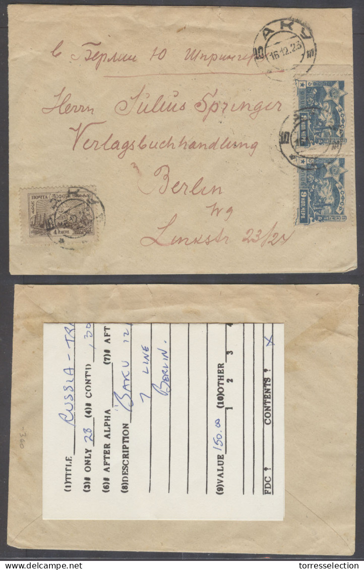 AZERBAIJAN. 1923 (16 Dec). Baku - Germany. Multifkd Env 9k Blue Pair 4kop VF On Reverse Soviet Violet Control Cachet. 22 - Azerbaijan