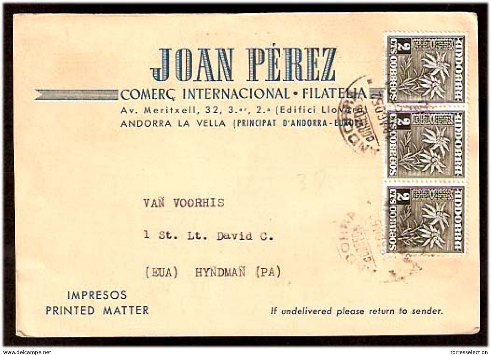 ANDORRA. 1952. TP. Comercial Circulada A USA. Franqueo 2c X 3. Bonito. - Andere & Zonder Classificatie