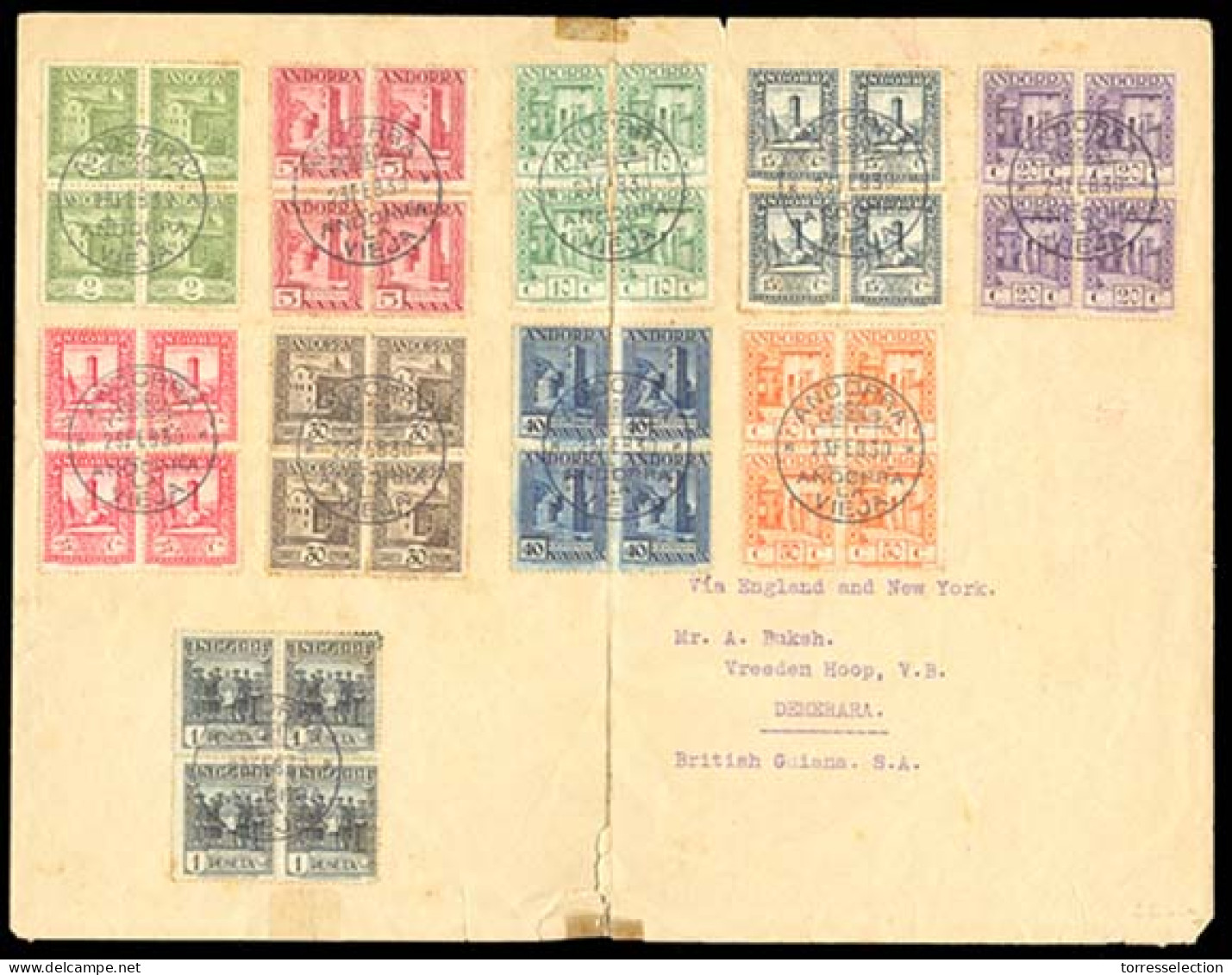 ANDORRA. 1930 (23 Feb.). ANDORRA / BRITISH GUIANA. E. 15º / 24º (x4). Perf. 14. Andorra A Demerara / Guyana Britanica /  - Andere & Zonder Classificatie