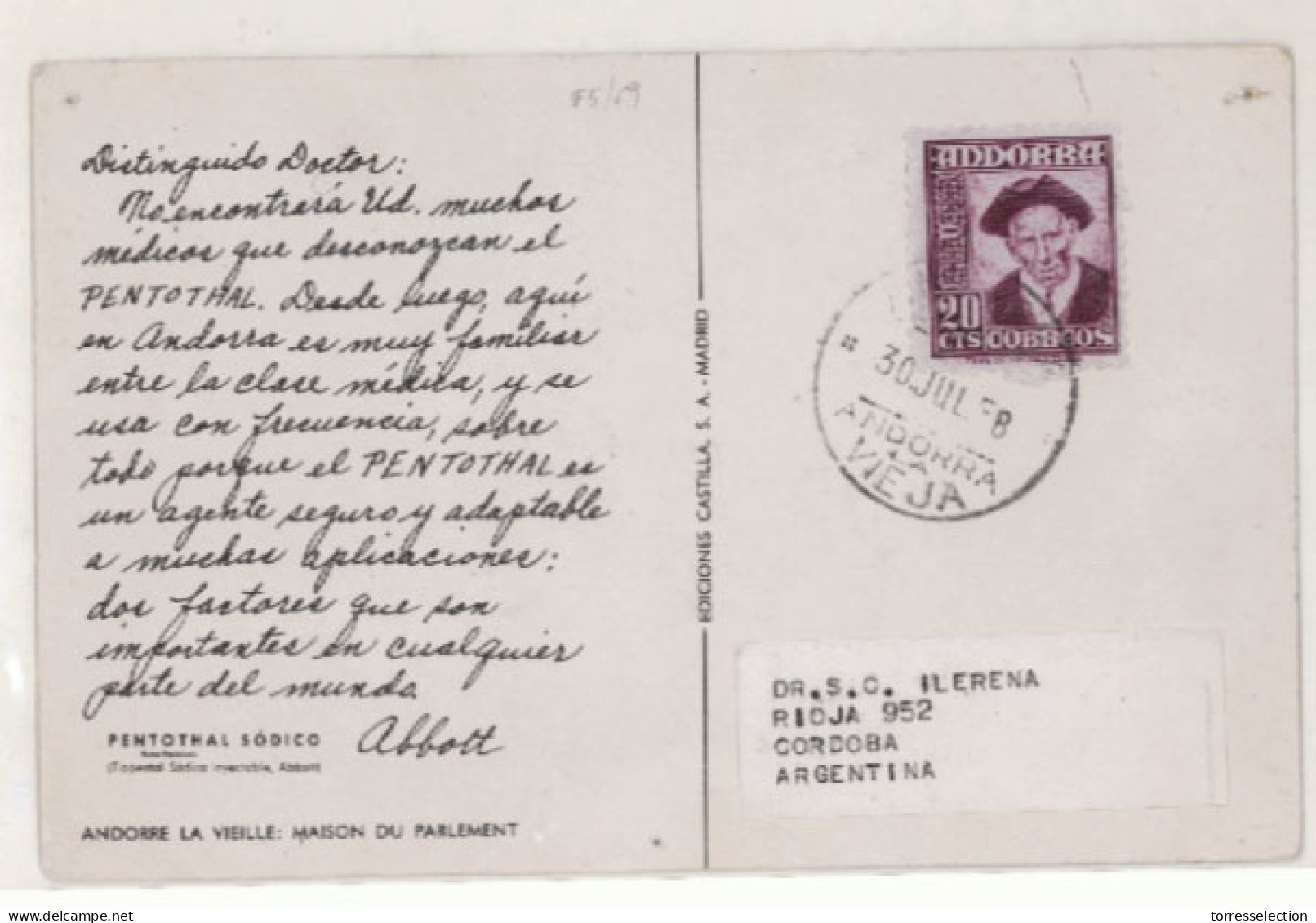 ANDORRA. 1958. A. La Vieja To Argentina. P.P.C. Franked With 20 Cts., Tied C.d.s (Yv 48). Fine. - Sonstige & Ohne Zuordnung