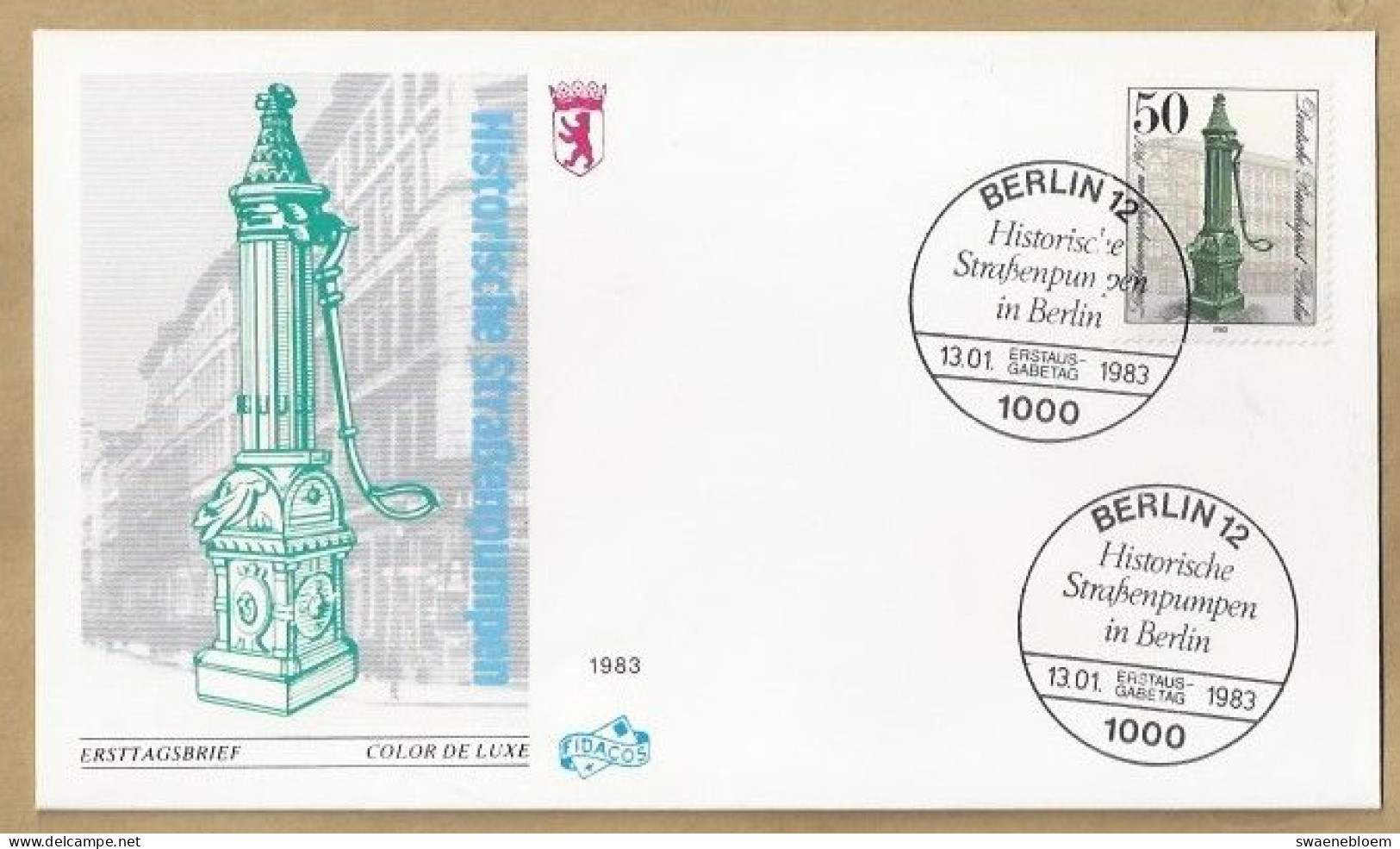 DE.- ERSTTAGSBRIEF. HISTORISCHE STRASSENPUMPEN IN BERLIN. ERSTAUSGABE 13.01.1983. BERLIN 12. FDC - 1981-1990