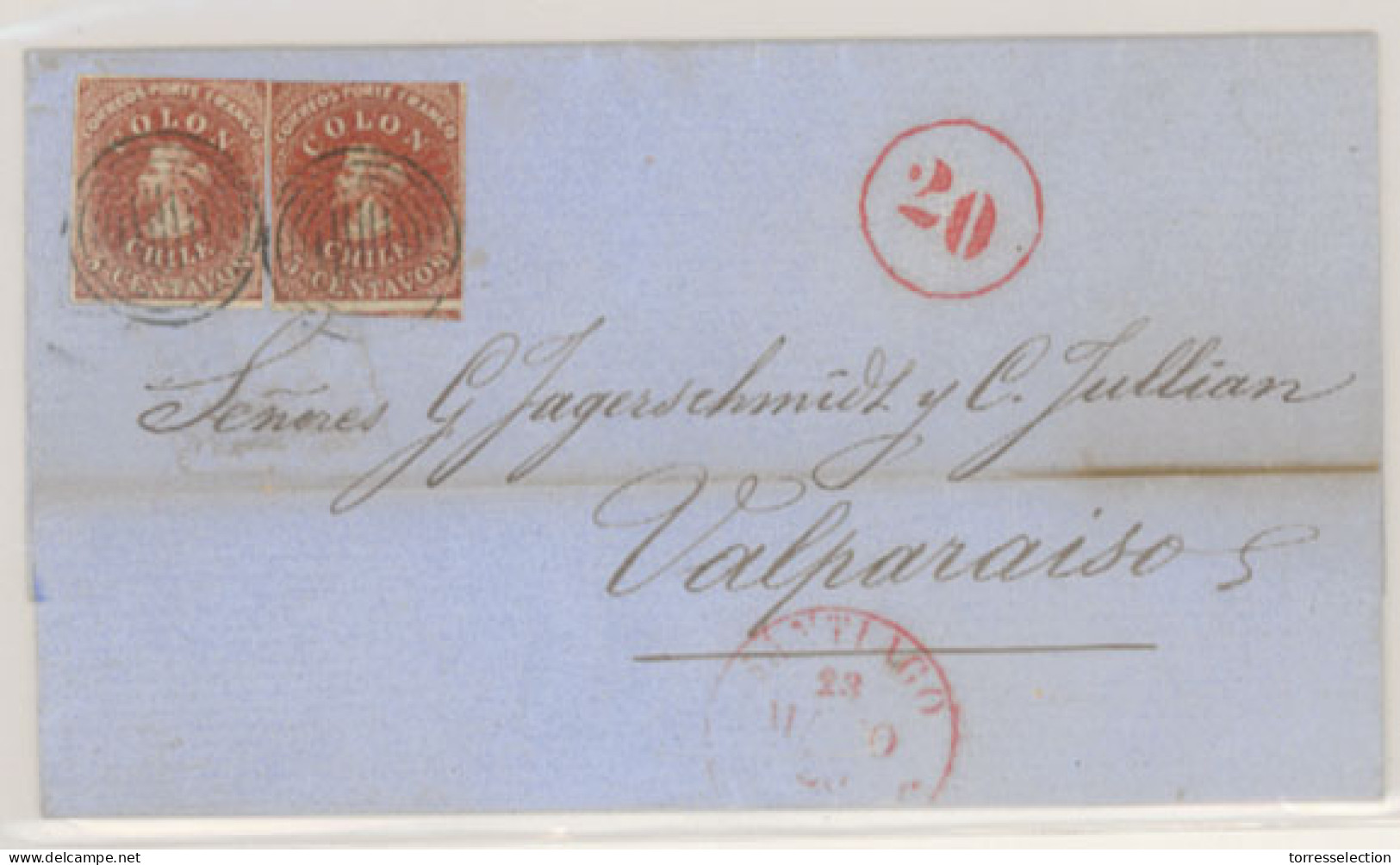 CHILE. 1856 (23 March). From Santiago With Desmadryl Print 5c. Deep Red-brown (Sc. 3a) (2) Both With Large Margins To To - Cile