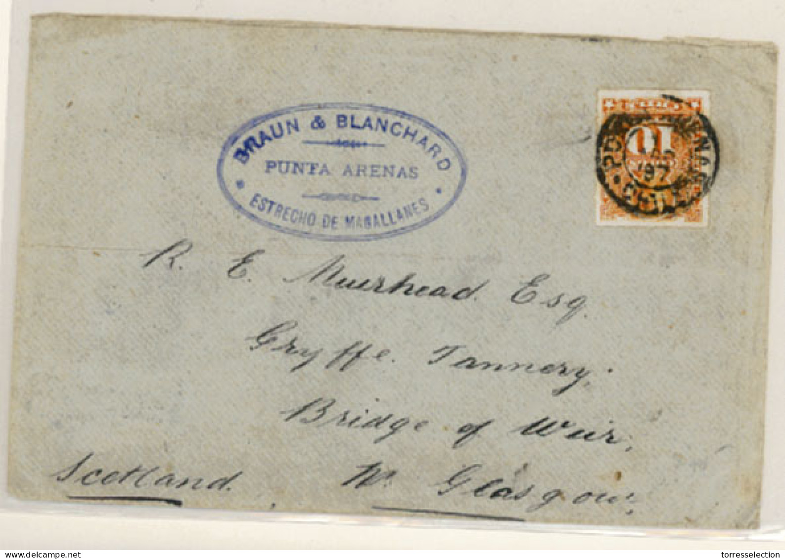 CHILE. 1897. Punta Arenas/Magallanes Straits To Glasgow/Scotland. Envelope Franked Chile 10c Orange (Sc 29), Tied Cds Wi - Cile