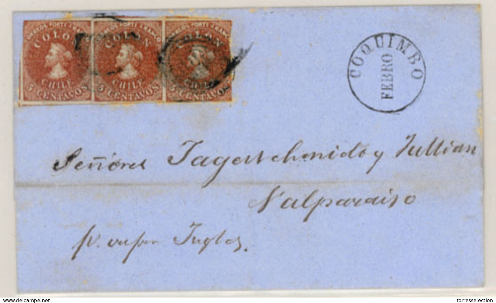 CHILE. 1856. (20 Feb.) From Serena E. With Desmadryl Issue 5c Pale Red-brown (Sc.3) Horizontal Strip Of Three With Mainl - Chile