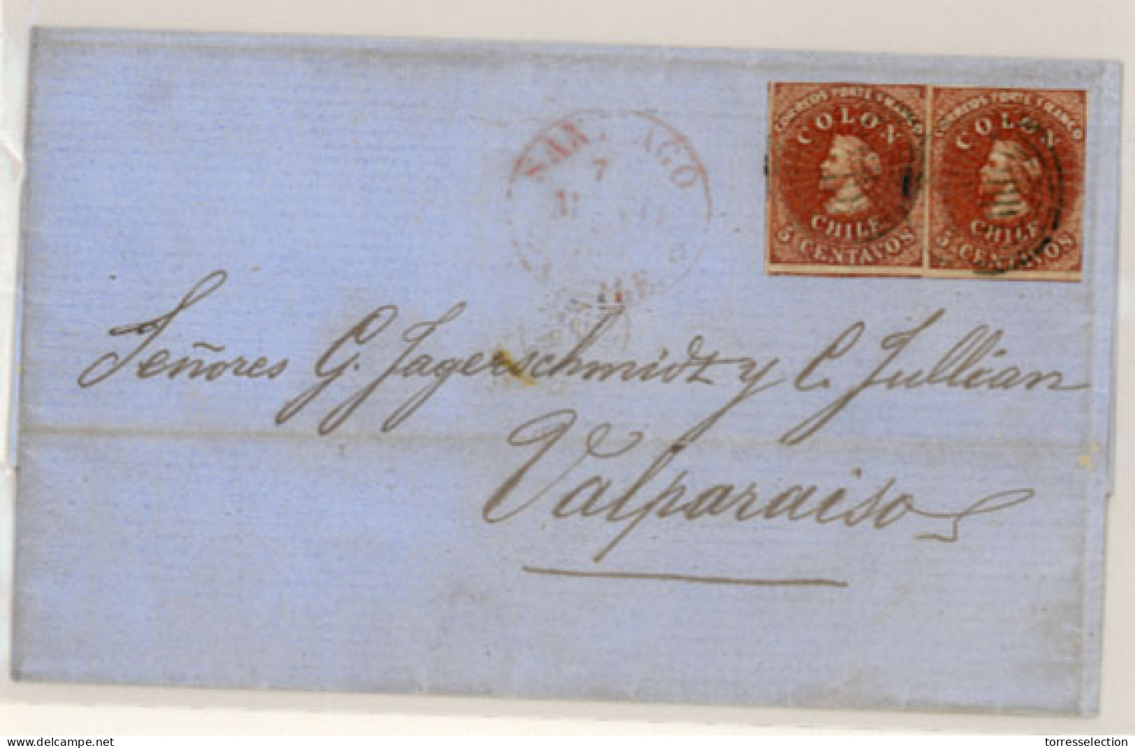 CHILE. 1856. (Mar. 7) From Santiago, E. With Desmaddryl Issue 5c Deep Red-brown Horizontal Pair Very Fine With Close To  - Cile