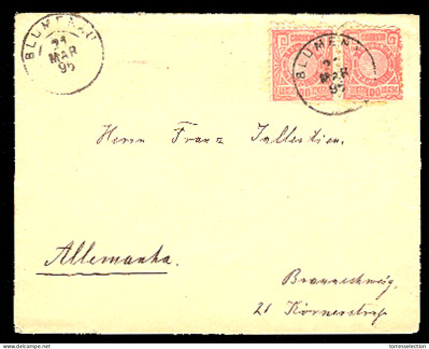 BRAZIL. 1895. Blumenau - Germany. Fkd Env 100rs Salmon Small Size Pair / Cds. V. Fine + Scarce Usage. - Otros & Sin Clasificación